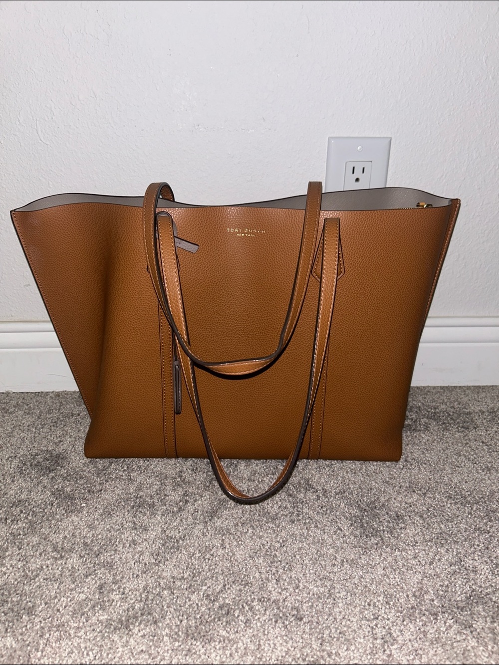 Tory Burch Cognac Pebbled Leather Tote with Taupe Tag Accents - Picture 3 of 14